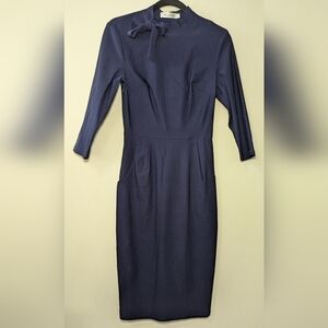 Muxxn Tie-neck Pencil Dress Navy Long Sleeve Retro Midi Stretch Women's Size S